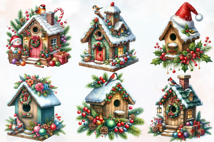 Christmas Bird House Clipart PNG Bundle | Winter Birdhouse, Christmas Birds, Snowy Bird House & Festive Holiday Cottage Designs
