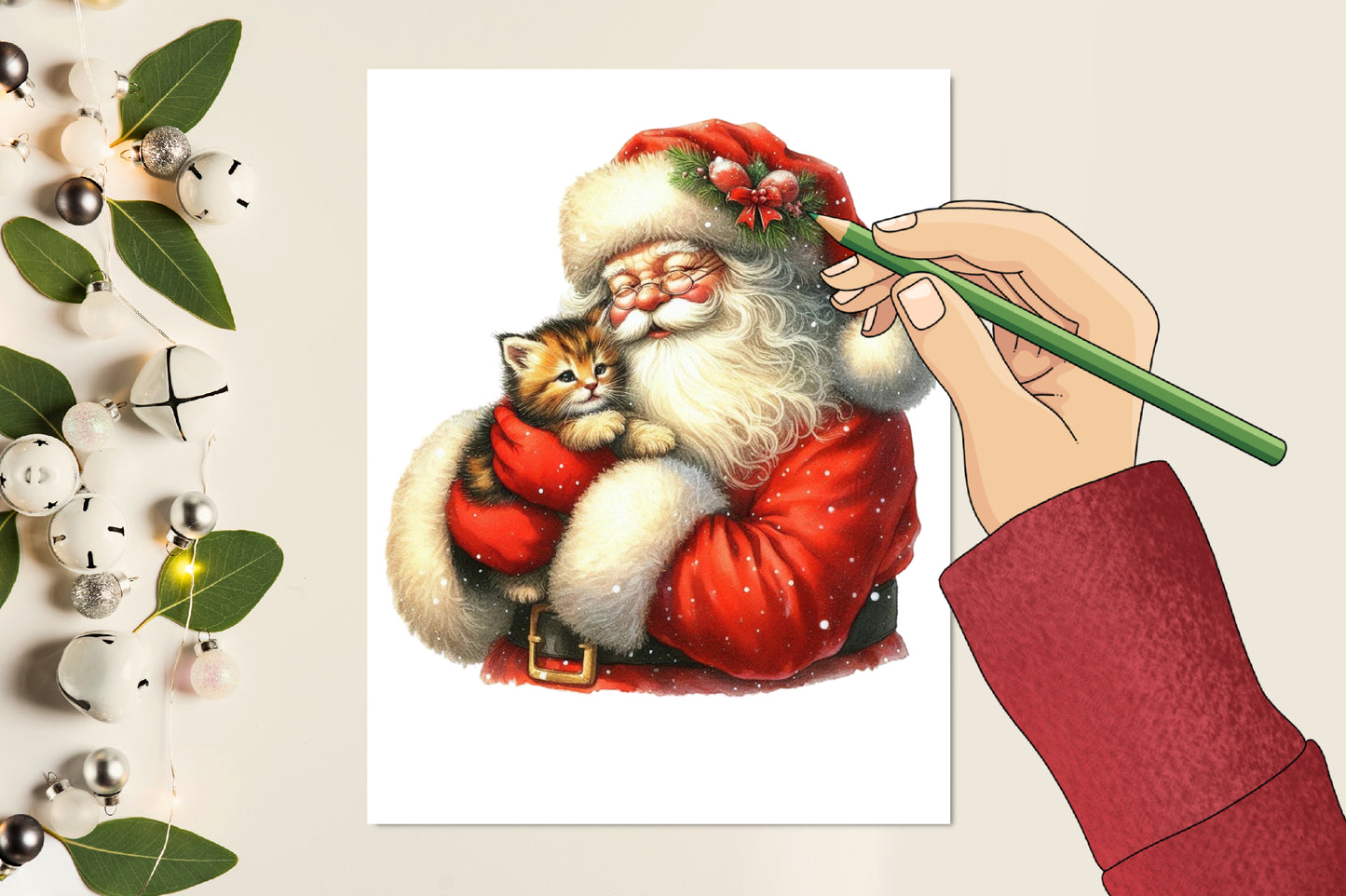 26 Christmas Santa Claus with Kitten PNG Bundle Watercolor