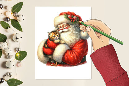 26 Christmas Santa Claus with Kitten PNG Bundle Watercolor