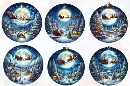Watercolor Christmas Night Ornament Clipart PNG Bundle | Santa Sleigh & Winter Village