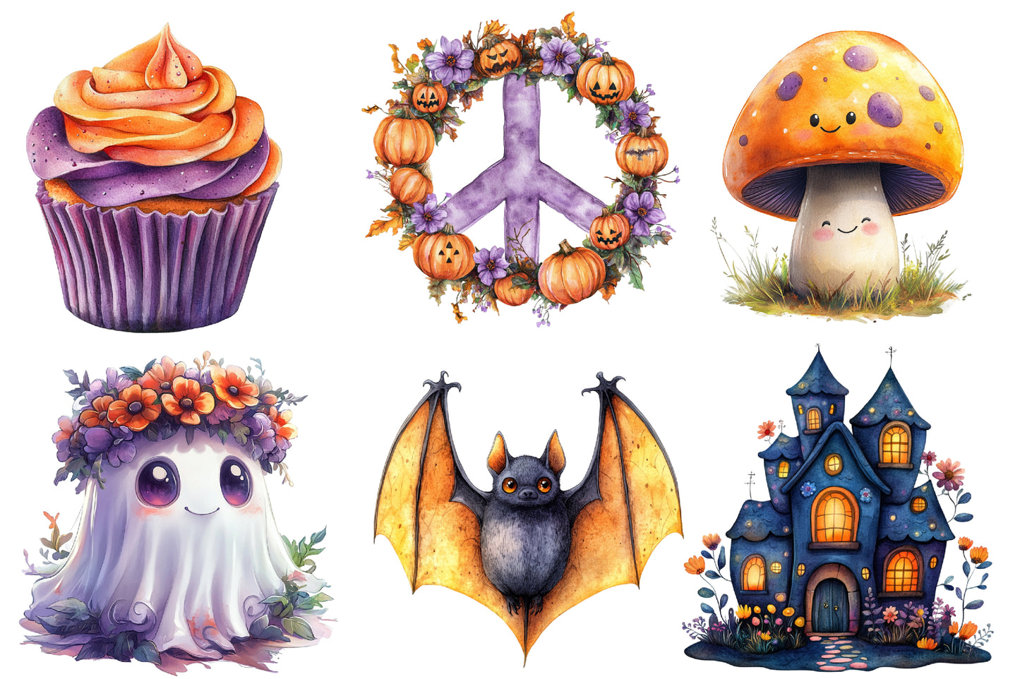 Groovy Halloween Watercolor Clipart PNG Bundle | Retro Halloween Clipart