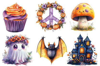 Groovy Halloween Watercolor Clipart PNG Bundle | Retro Halloween Clipart