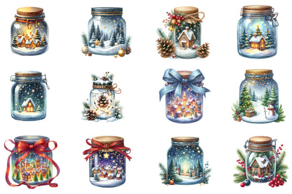 Christmas Mason Jars Clipart PNG Bundle | Watercolor Festive Mason Jar Clipart | Holiday Farmhouse Sublimation PNG