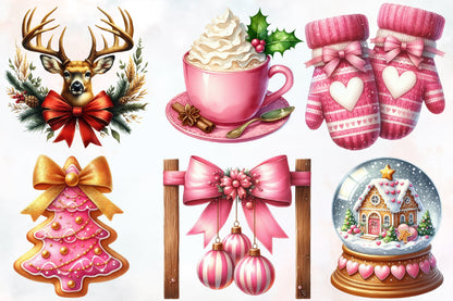 Watercolor Christmas Elements Clipart PNG Bundle | Cute Pink Christmas Holiday Designs