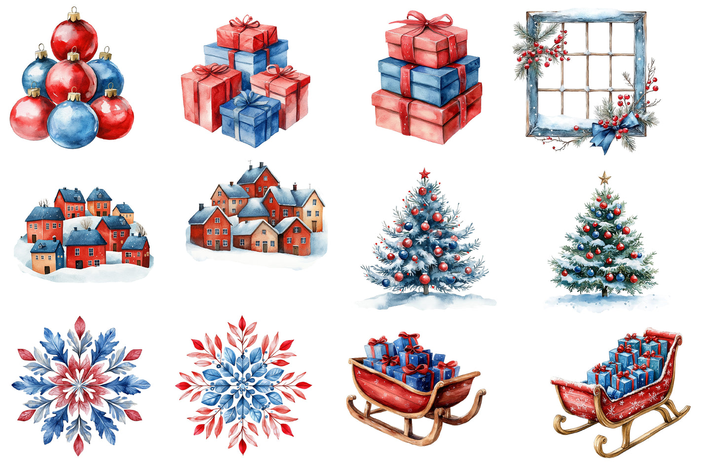 Christmas Village Clipart PNG Bundle | Scandinavian Winter Christmas Watercolor | Holiday Sublimation