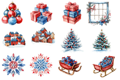 Christmas Village Clipart PNG Bundle | Scandinavian Winter Christmas Watercolor | Holiday Sublimation