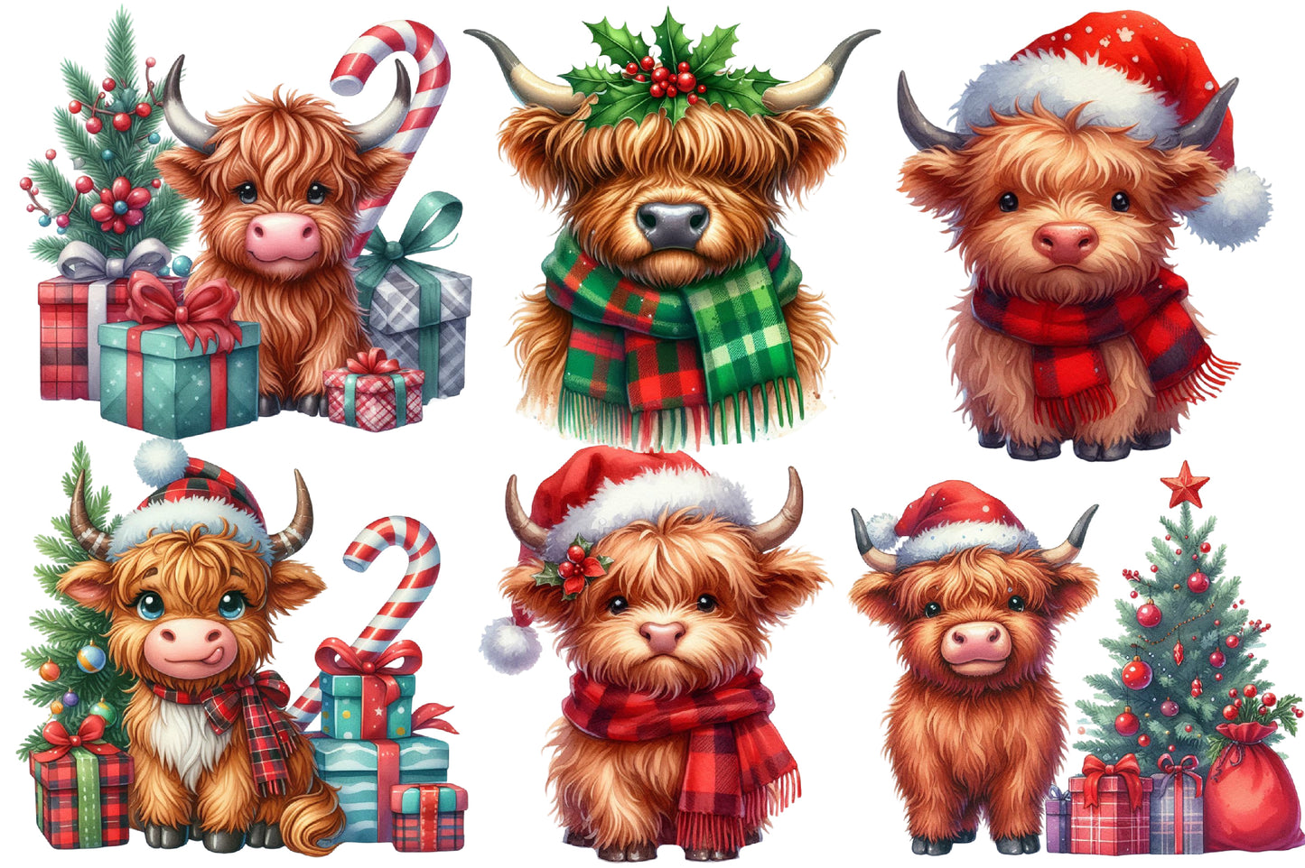 Christmas Highland Cow Clipart PNG Bundle | Watercolor Cute Christmas Highland Cow Clipart | Farmhouse Holiday Sublimation PNG