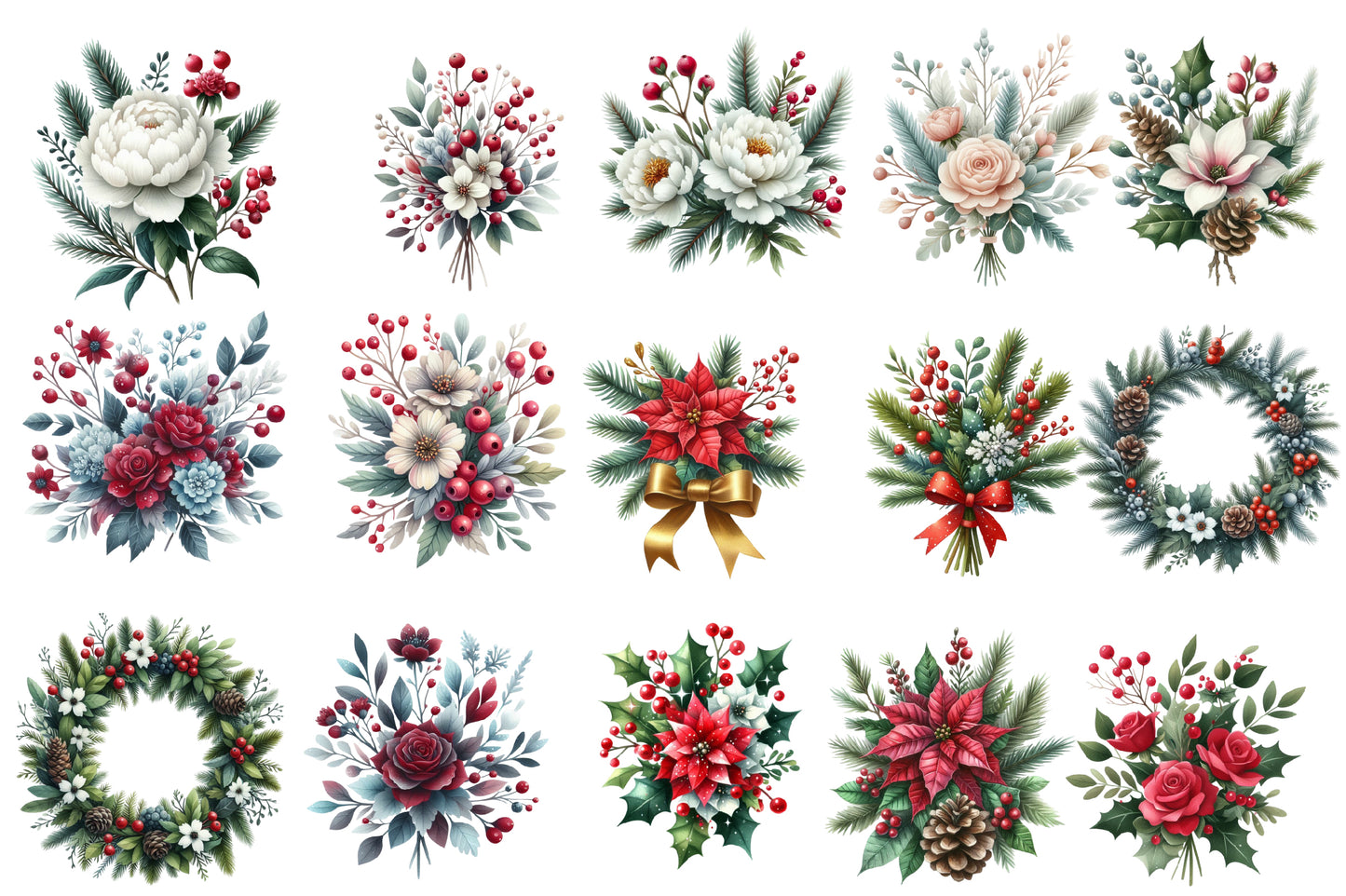 Christmas Flowers Clipart PNG Bundle | Watercolor Festive Christmas Flower Clipart | Holiday Floral Sublimation PNG