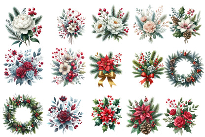 Christmas Flowers Clipart PNG Bundle | Watercolor Festive Christmas Flower Clipart | Holiday Floral Sublimation PNG