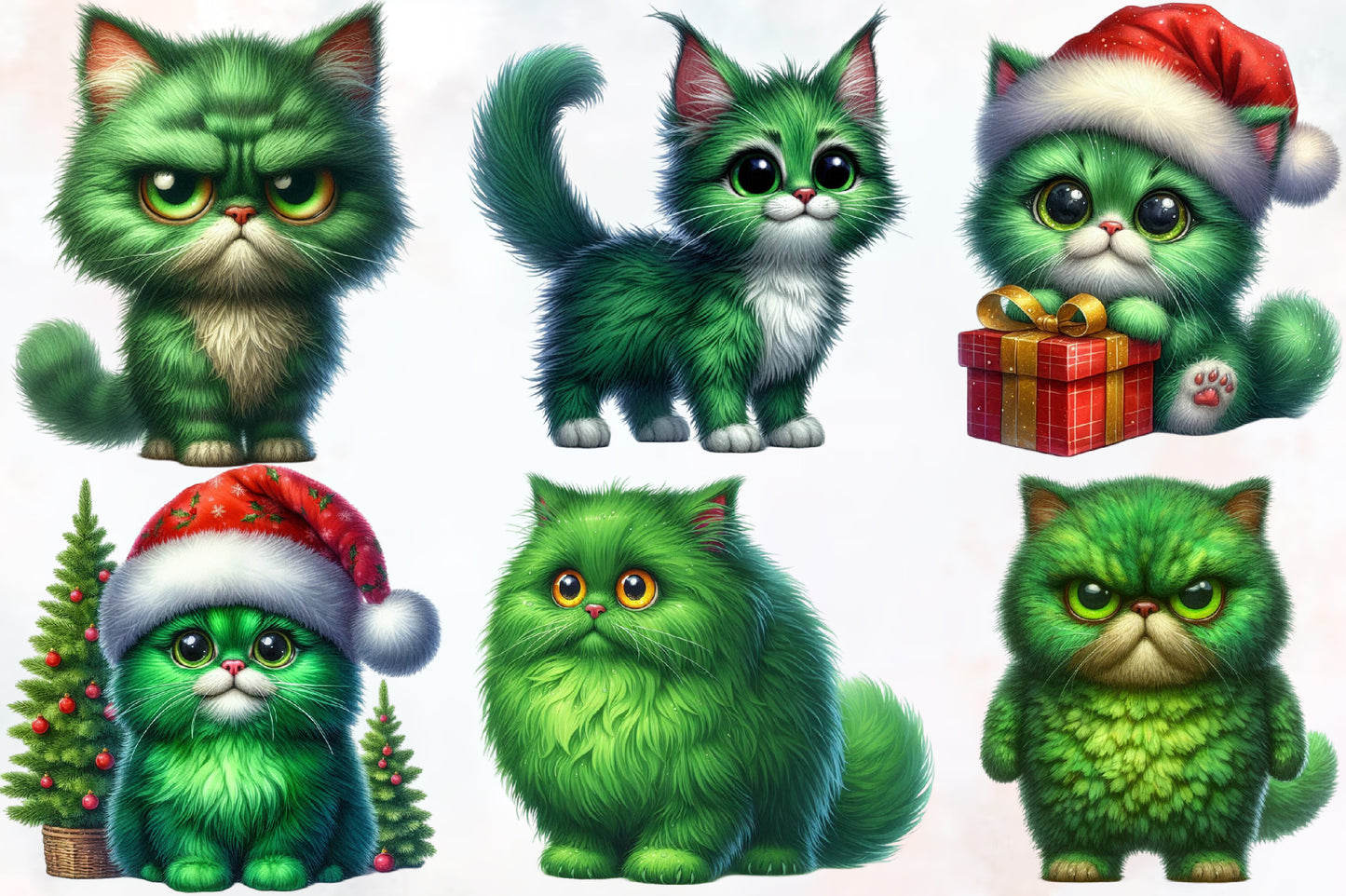 Cute Green Christmas Cat Clipart PNG Bundle | Festive Green Cat, Santa Cat & Holiday Kitty Designs