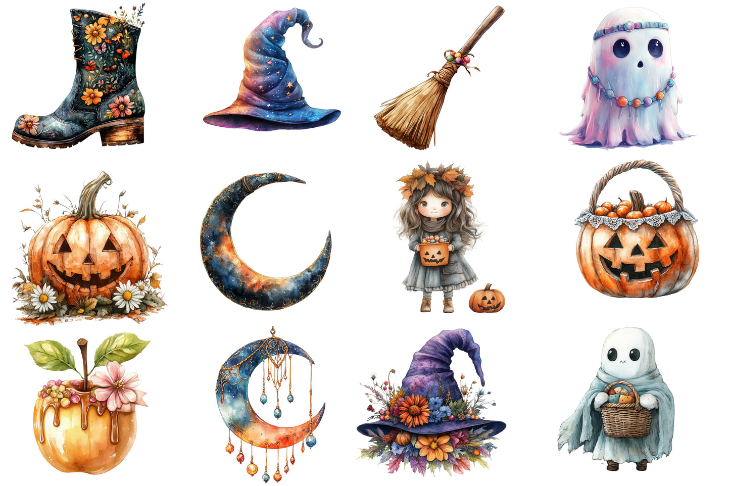 Boho Halloween Trick or Treat Clipart PNG Bundle | Watercolor Cute Boho Halloween Clipart | Spooky Autumn Sublimation PNG