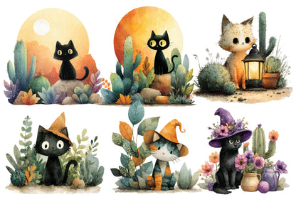 Halloween Desert Cat Clipart PNG | Cute Black Cat & Cactus Clipart, Desert Halloween PNG