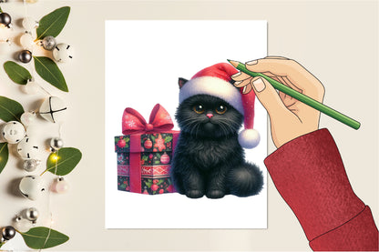 Christmas Black Cat PNG Clipart Bundle | Watercolor Black Cats with Santa Hats, Christmas Gifts, Bows & Holiday Decorations