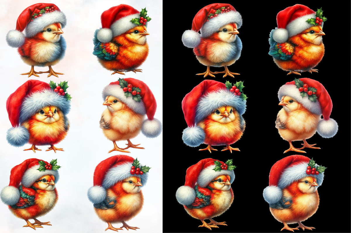 15 Christmas Chicken PNG Clipart Bundle Watercolor Santa Hat Holiday Chick