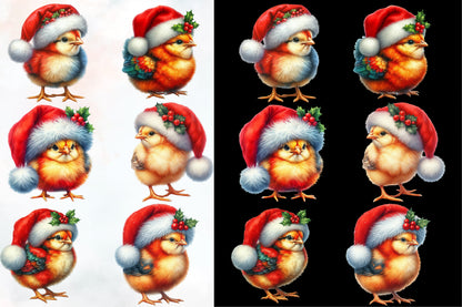 15 Christmas Chicken PNG Clipart Bundle Watercolor Santa Hat Holiday Chick
