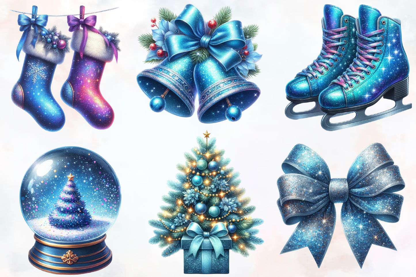 Glittery Christmas Clipart PNG Bundle | Sparkling Blue Christmas Bow, Sleigh, Ornaments, Gifts, Reindeer & Winter Designs