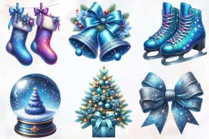 Glittery Christmas Clipart PNG Bundle | Sparkling Blue Christmas Bow, Sleigh, Ornaments, Gifts, Reindeer & Winter Designs