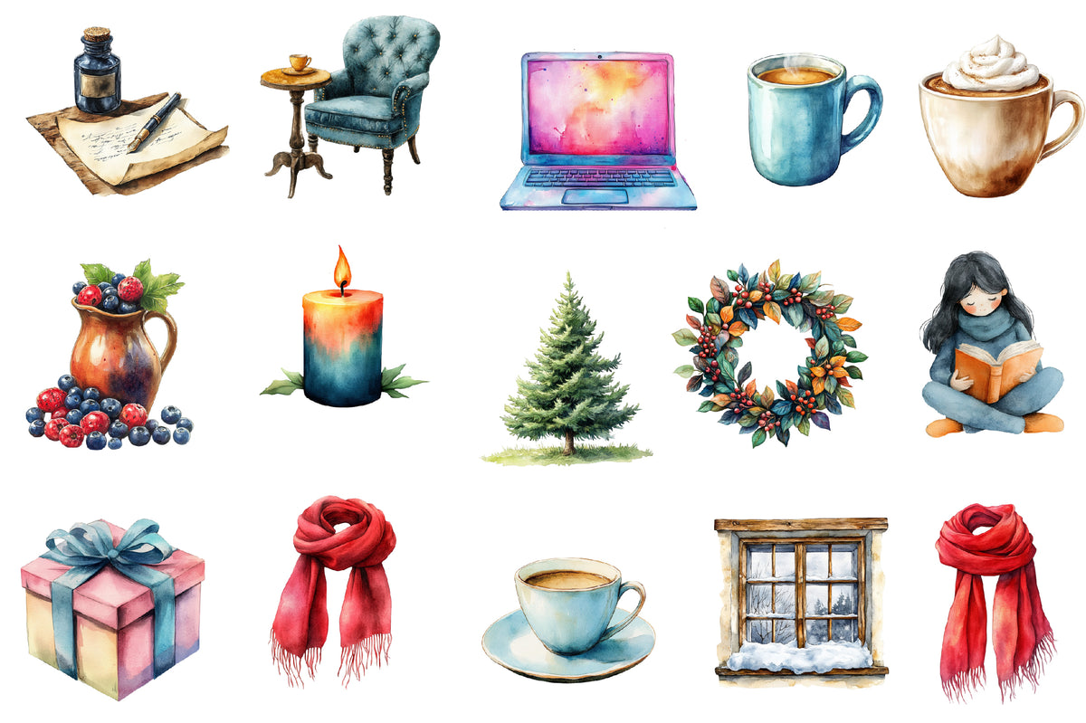 Christmas Planner Clipart PNG Bundle | Watercolor Cute Christmas Planner Stickers | Holiday Planner Sublimation PNG