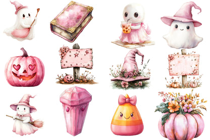 Pink Halloween PNG Bundle | Cute Ghost, Witch, Bat, Pumpkin, Cat & Skull Clipart,