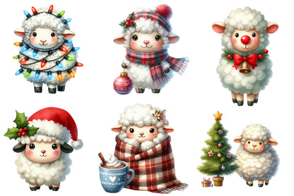 Christmas Sheep Clipart PNG Bundle | Watercolor Cute Christmas Sheep Clipart | Festive Winter Farm Animal Sublimation PNG