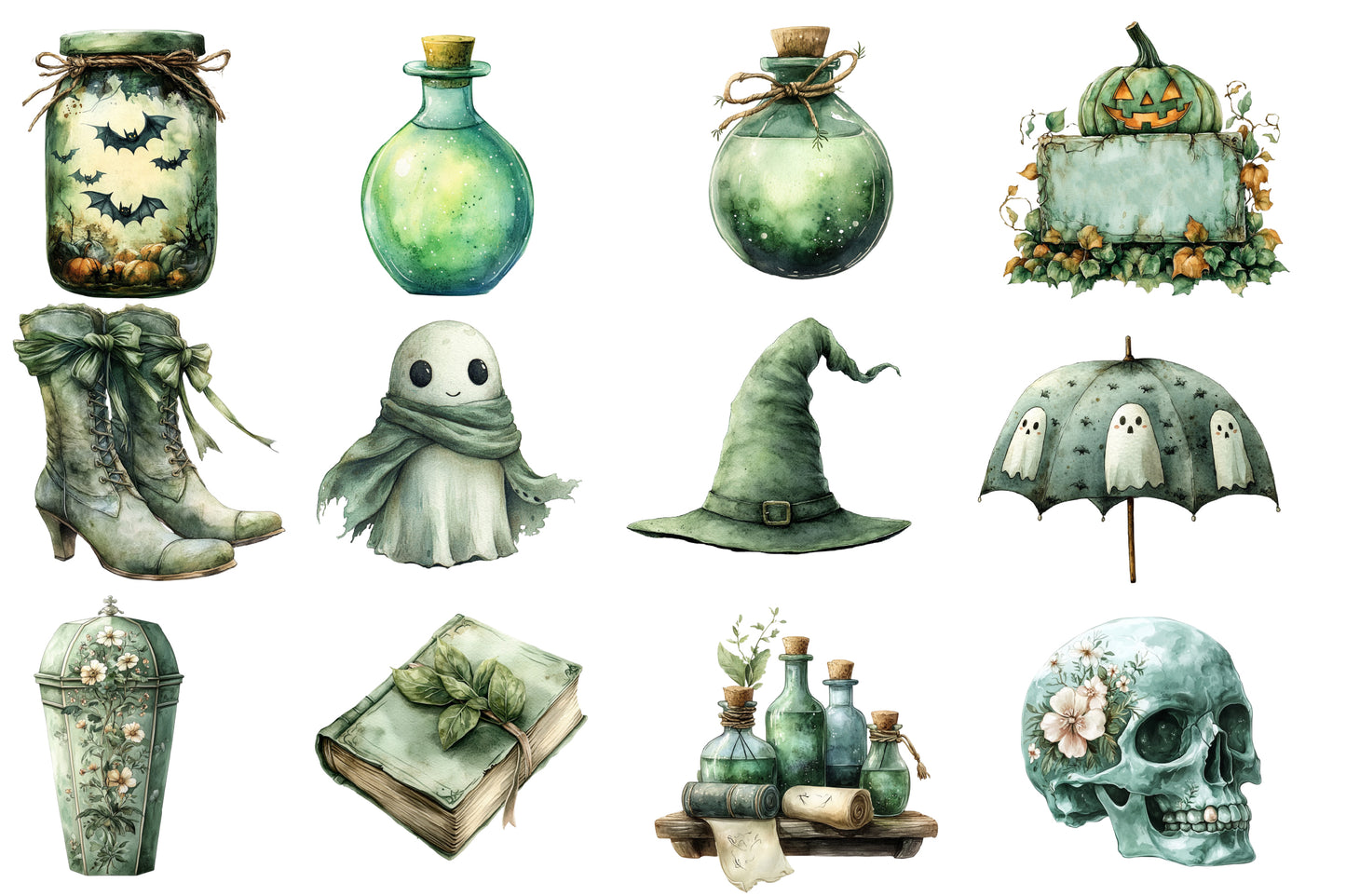 Sage Green Halloween Watercolor Clipart PNG Bundle | Sage Green Halloween Clipart | Green Halloween Sublimation PNG