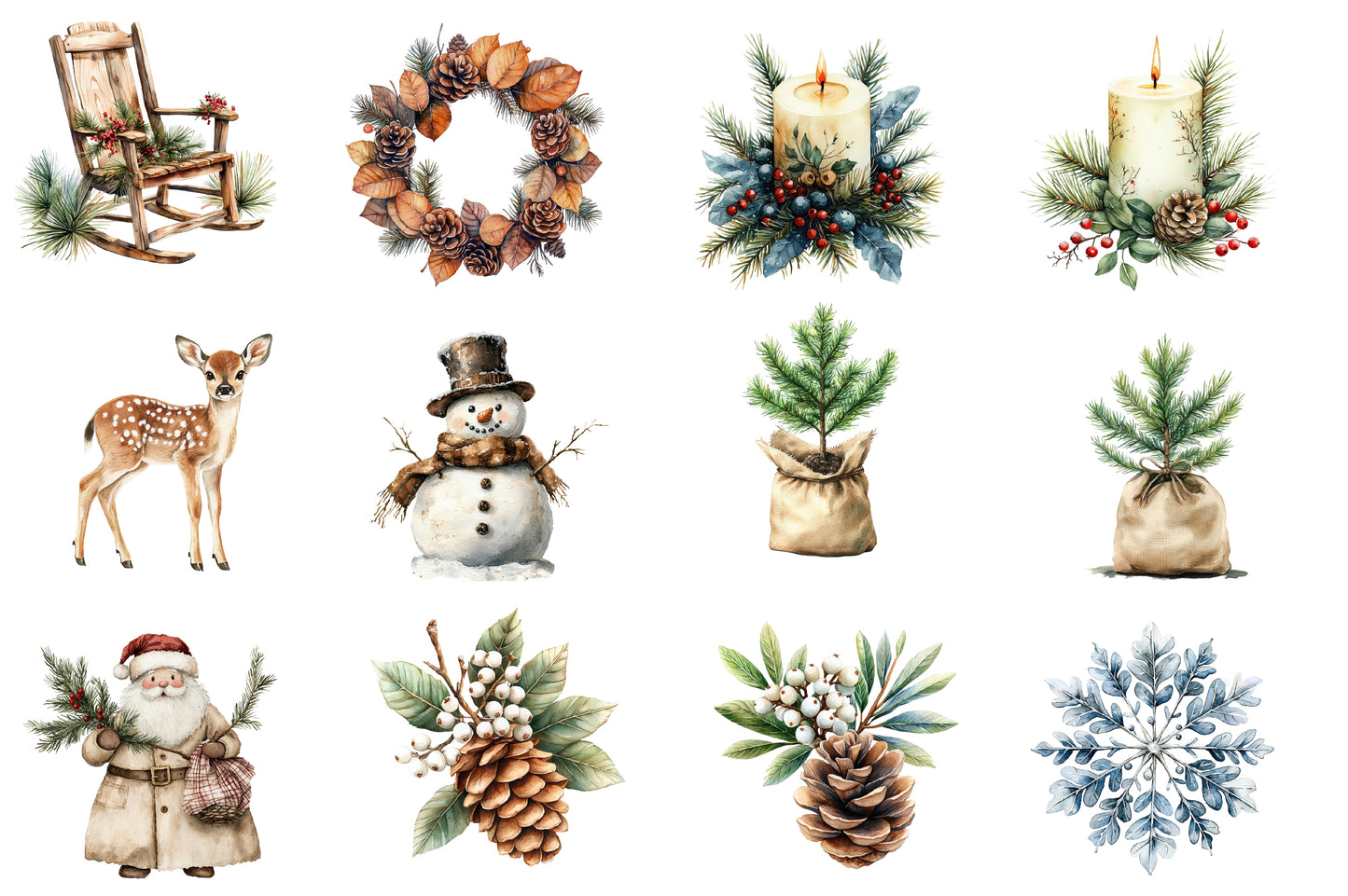 Neutral Christmas Clipart PNG Bundle | Rustic Neutral Christmas Watercolor Clipart | Cozy Winter Holiday Sublimation PNG