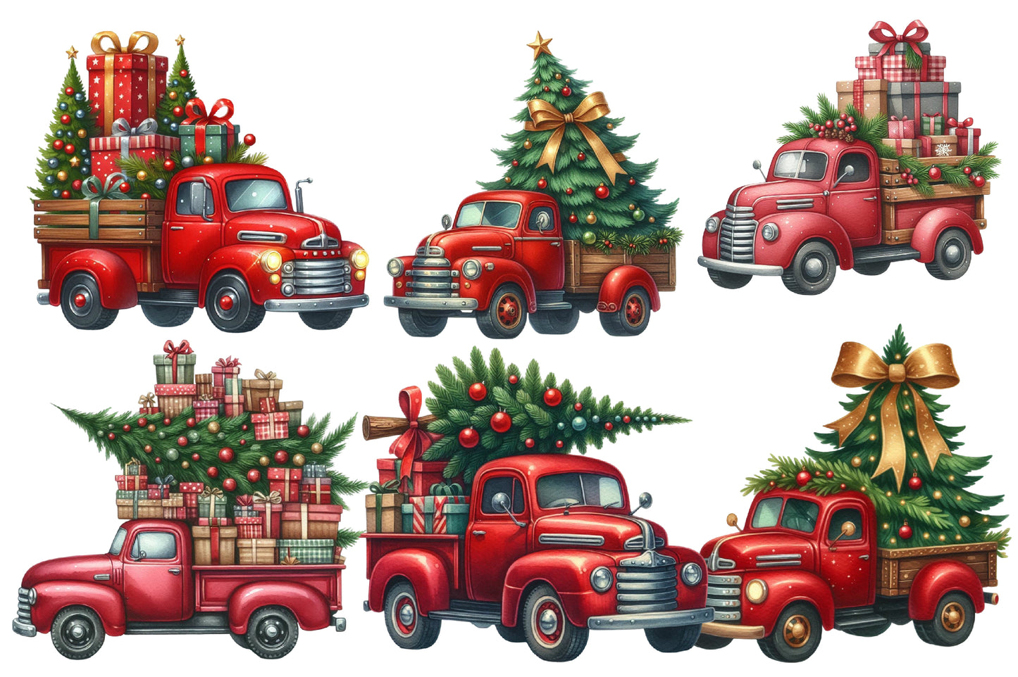 Christmas Truck Tree Clipart PNG Bundle | Watercolor Christmas Truck with Tree Clipart | Rustic Holiday Truck Sublimation PNG