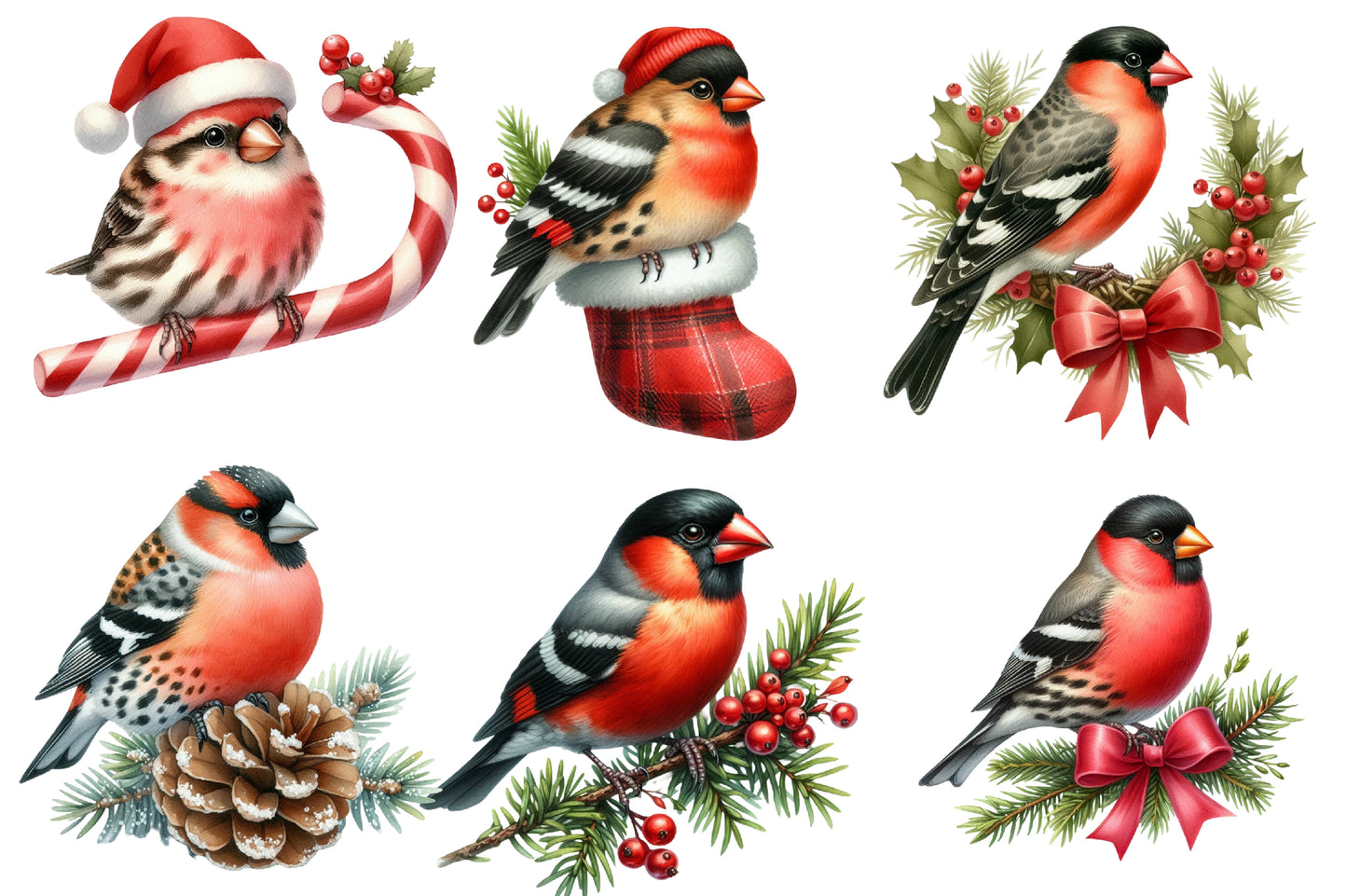 Christmas Grosbeak Birds Clipart PNG Bundle | Watercolor Winter Grosbeak Bird Clipart | Holiday Bird Sublimation PNG