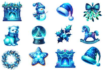 Blue Christmas Clipart PNG Bundle | Watercolor Winter Holiday Clipart | Elegant Icy Blue Christmas PNG