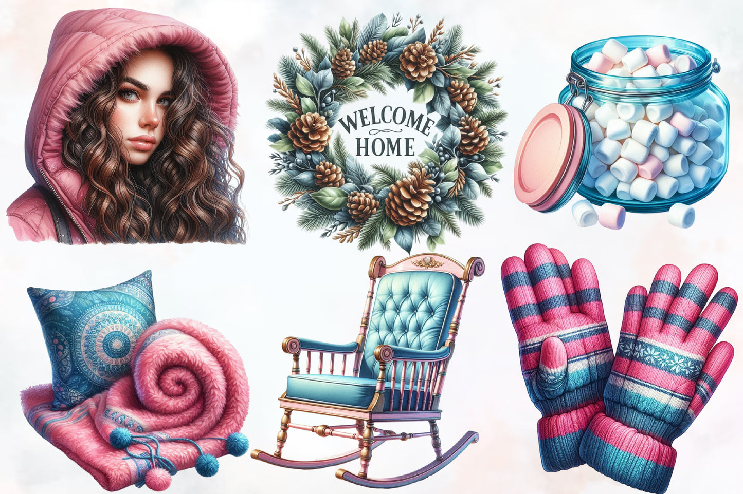 Pink & Blue Christmas Clipart PNG Bundle | Cute Pastel Santa, Ornaments, Gifts & Holiday Designs | 20 PNG