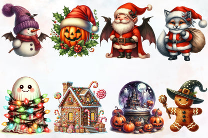 Halloween Christmas PNG Bundle Spooky Christmas Watercolor Clipart