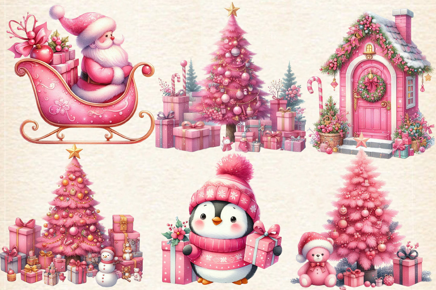 16 Watercolor Pink Christmas Clipart PNG Bundle Santa Gingerbread