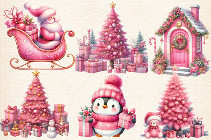 16 Watercolor Pink Christmas Clipart PNG Bundle Santa Gingerbread
