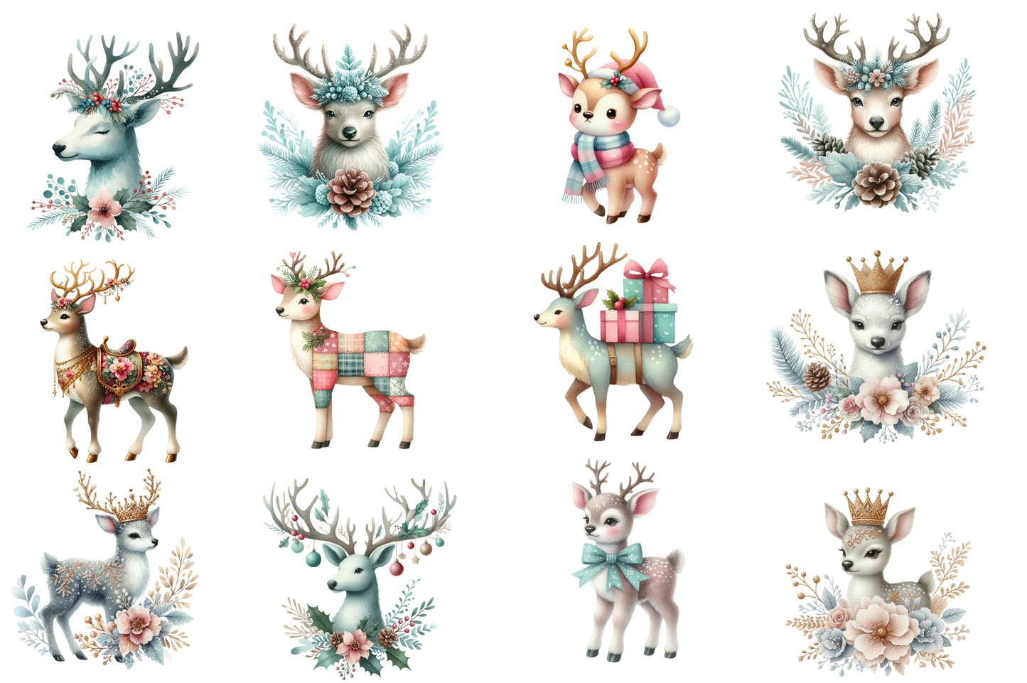 Christmas Reindeer Clipart PNG Bundle | Watercolor Cute Reindeer Christmas Clipart | Holiday Winter Animal Sublimation PNG