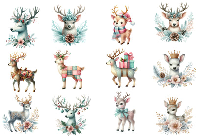 Christmas Reindeer Clipart PNG Bundle | Watercolor Cute Reindeer Christmas Clipart | Holiday Winter Animal Sublimation PNG