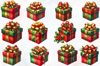 Watercolor Christmas Gifts Box Clipart PNG Bundle | Holiday Present & Gift Boxes