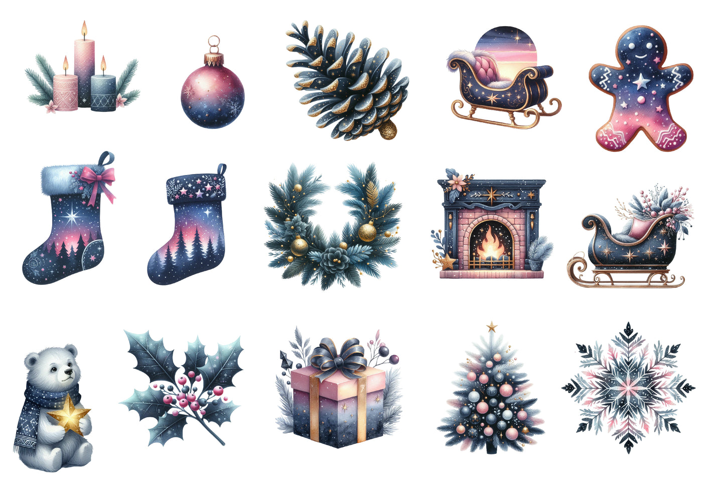 Christmas Clipart Watercolor PNG Bundle | Winter Holiday Clipart | Christmas Sublimation