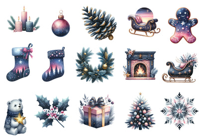 Christmas Clipart Watercolor PNG Bundle | Winter Holiday Clipart | Christmas Sublimation
