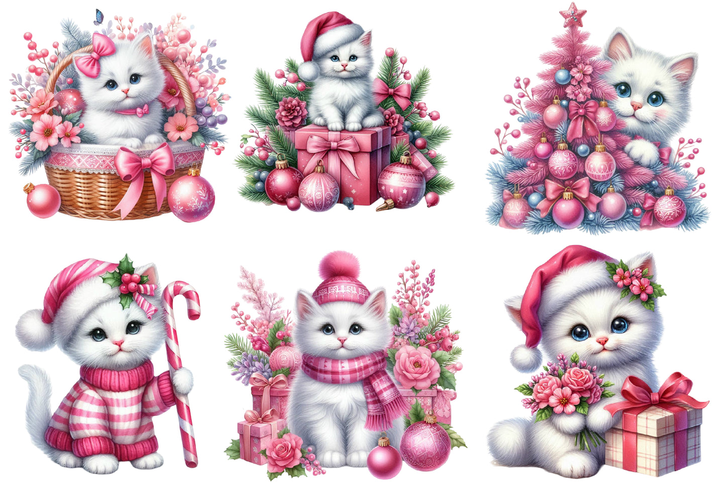 Pink Christmas Kitten Clipart PNG Bundle | Cute Pink Cat, Christmas Tree, Gifts, Candy Cane & Holiday Designs