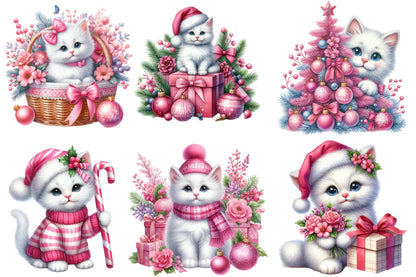 Pink Christmas Kitten Clipart PNG Bundle | Cute Pink Cat, Christmas Tree, Gifts, Candy Cane & Holiday Designs