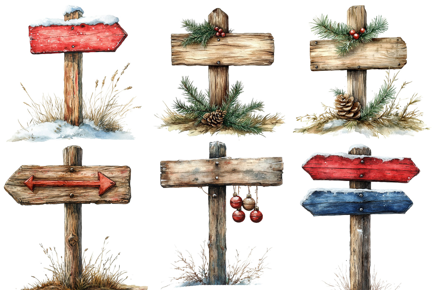 Christmas Signpost Clipart PNG Bundle | Watercolor Festive Christmas Signpost Clipart | Holiday Direction Sign Sublimation PNG