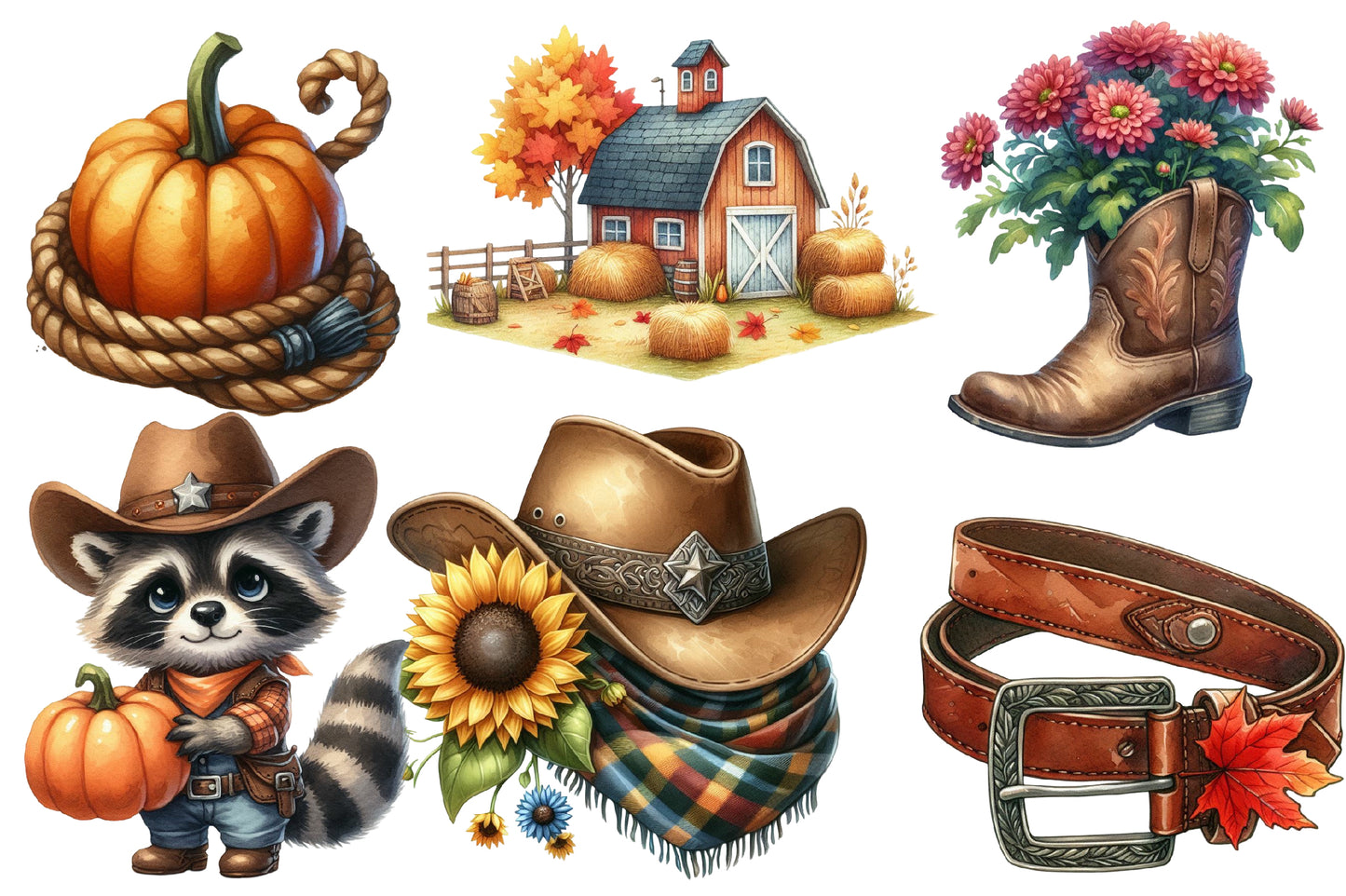 Cowboy Autumn Watercolor Clipart PNG Bundle | Western Fall Clipart | Autumn Sublimation