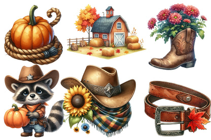 Cowboy Autumn Watercolor Clipart PNG Bundle | Western Fall Clipart | Autumn Sublimation