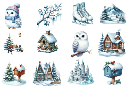 Christmas Winter Clipart PNG Bundle | Watercolor Winter Christmas Clipart | Cozy Snowy Holiday Sublimation PNG