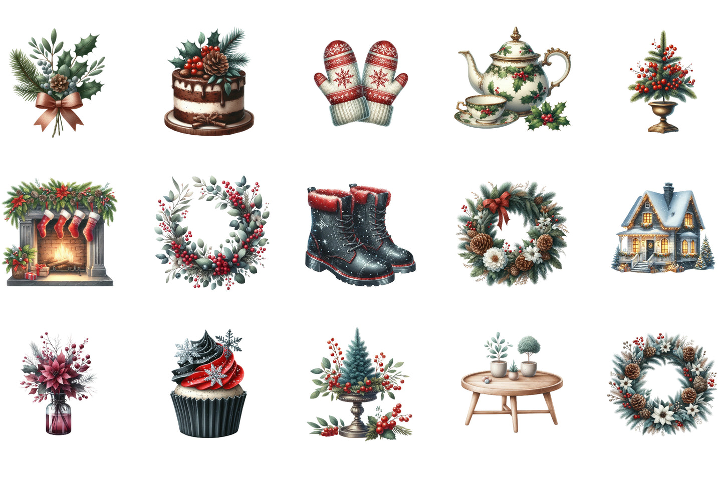 Christmas Clipart PNG Bundle | Winter Holiday Watercolor Graphics | Christmas Sublimation