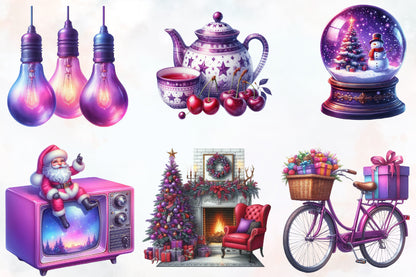 Cute Purple Christmas PNG Bundle Watercolor Holiday Clipart