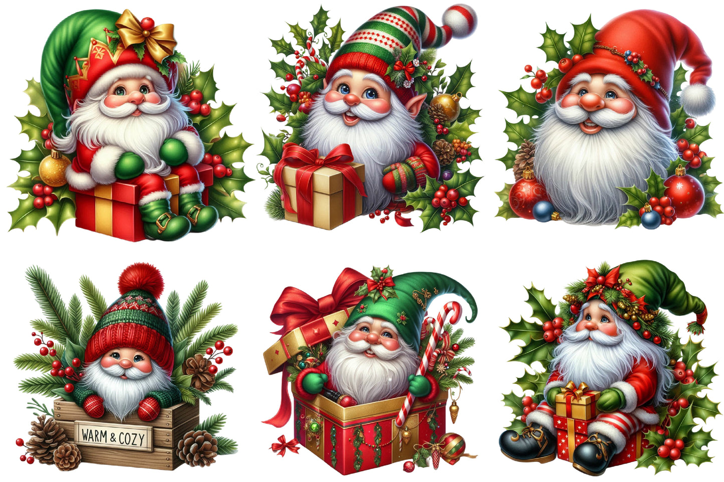 Watercolor Christmas Gnomes Clipart PNG Bundle | Cute Santa Gnome Holiday Designs