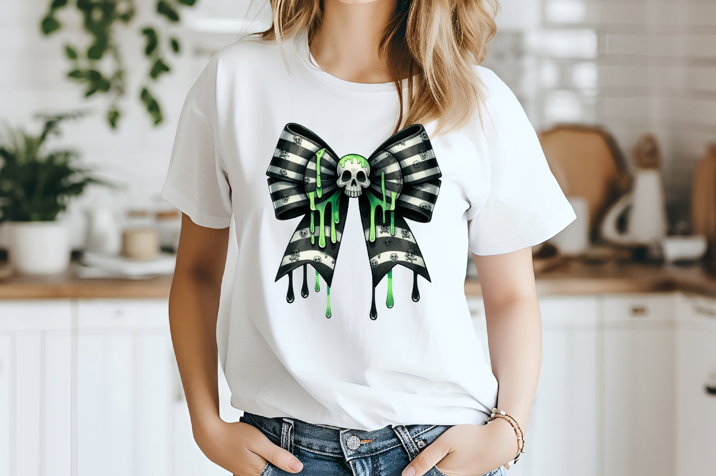 Gothic Skull Bow Halloween PNG Green Drip Spooky Ribbon Sublimation