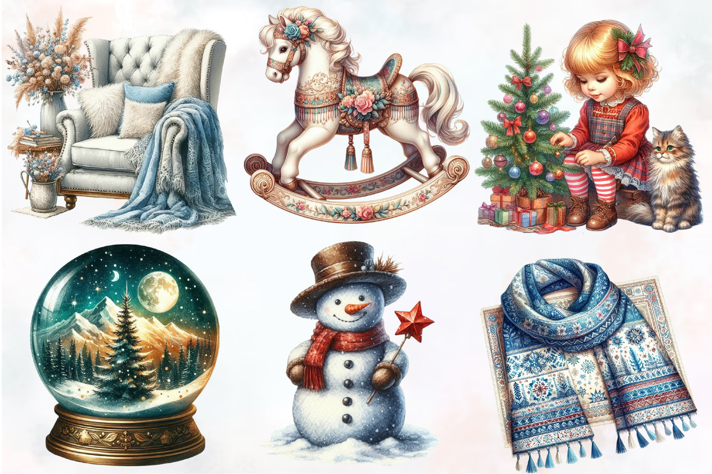 16 Watercolor Christmas Clipart PNG Bundle Snowman Winter Holiday
