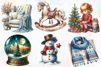 16 Watercolor Christmas Clipart PNG Bundle Snowman Winter Holiday